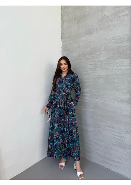 Etnik Badem Desen Lacivert Gömlek Elbise fiyatları
