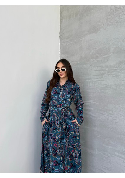 Etnik Badem Desen Lacivert Gömlek Elbise modelleri