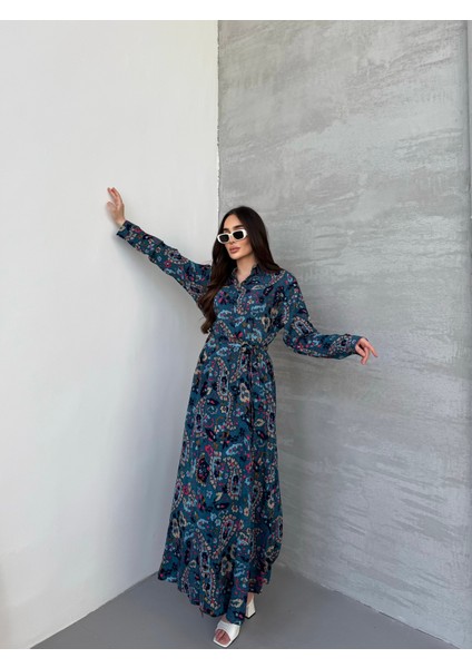 Etnik Badem Desen Lacivert Gömlek Elbise fırsatları