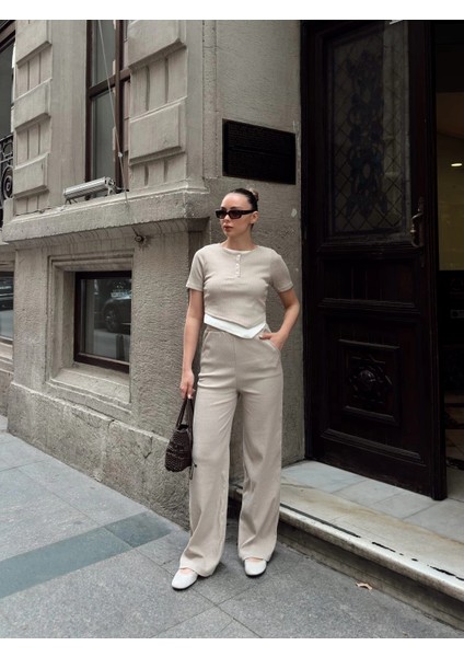 Düğme Yakalı Bej Alt Üst Takım S3943