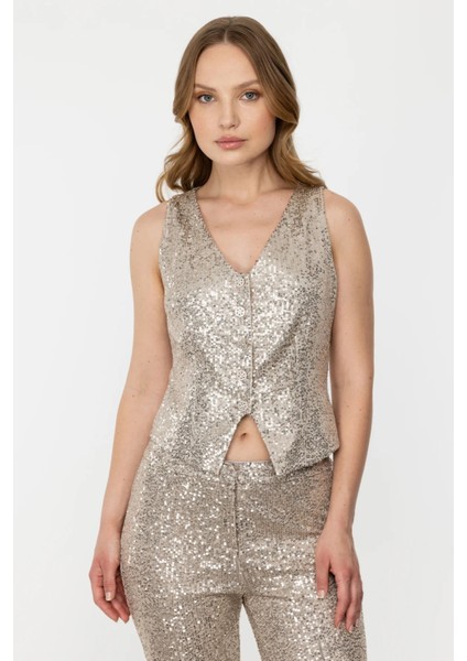 Kadın Payetli V Yaka Düğmeli Yelek 5110 Bej