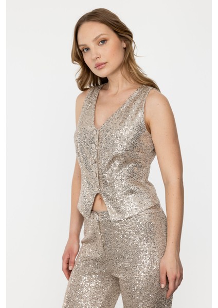 Kadın Payetli V Yaka Düğmeli Yelek 5110 Bej fiyatları