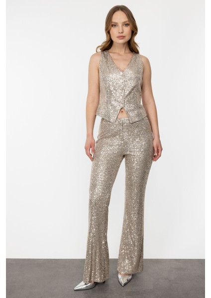 Kadın Payetli V Yaka Düğmeli Yelek 5110 Bej modelleri