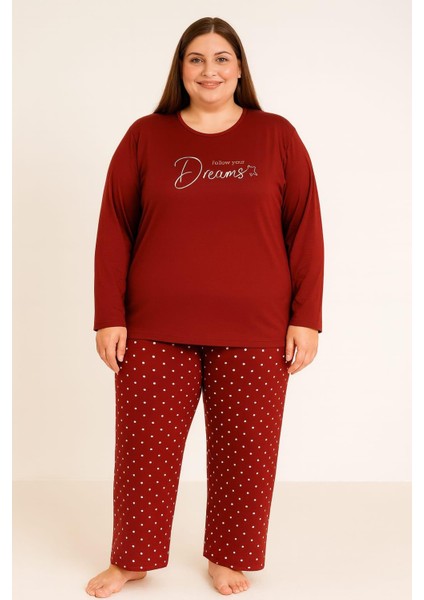Kadın 20745 Büyük Beden Uzun Kol % 100 Pamuk Milan Pijama Takımı Bordo