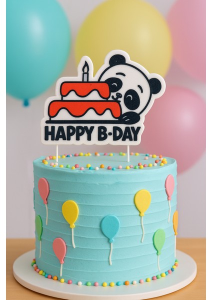 Panda Temalı Doğum Günü Pasta Süsü – Happy B-Day Yazılı 3D Baskı Figür