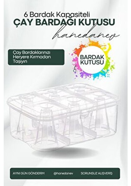 Hanedanev Çay Bardağı Taşıma Kutusu Şeffaf Plastik 6 Bardak Kapasiteli Piknik Kutusu