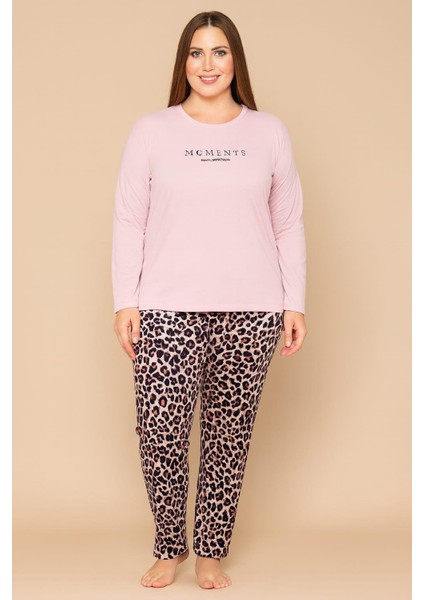 Kadın 20751 Büyük Beden Uzun Kol % 100 Pamuk Milan Pijama Takımı Pudra