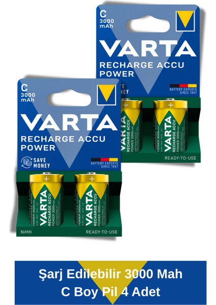 Power Şarj Edilebilir 3000MAH C Boy Pil 4 Adet