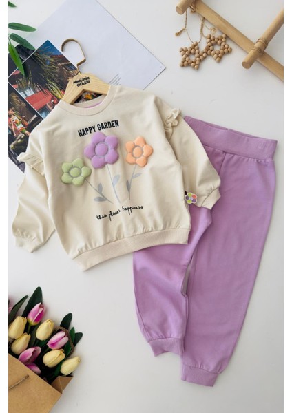 Mimiğimin Cicileri Renkli Papatya Desenli Kız Çocuk Pamuklu penye Takım - Lila