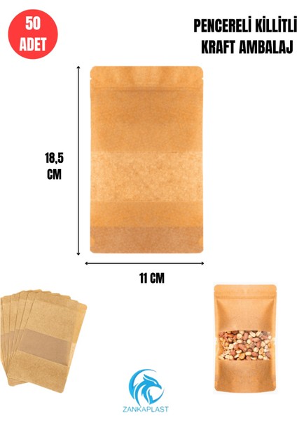 Pencereli Kilitli Kraft Doypack 50 Adet - 11 cm x 18.5 cm x 5 cm