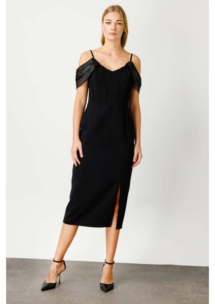 Kadın Omzu Organze Detaylı Krep Abiye Elbise 4100 Siyah