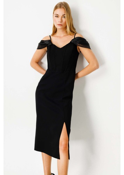 Kadın Omzu Organze Detaylı Krep Abiye Elbise 4100 Siyah modelleri