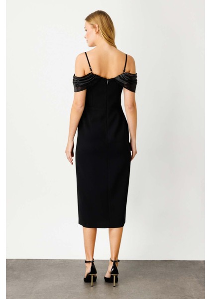 Kadın Omzu Organze Detaylı Krep Abiye Elbise 4100 Siyah fırsatları