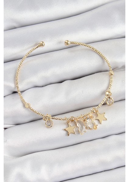 Bfs Pirinç Zirkon Taşlı Kelebek ve Yıldız Model Gold Renk Charm Bileklik