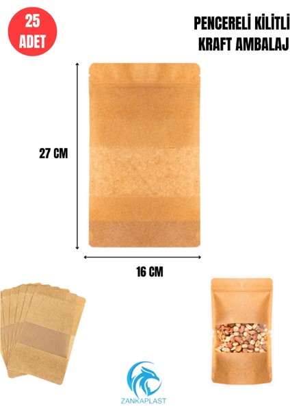 Pencereli Kilitli Kraft Doypack 25 Adet - 16 cm x 27 cm