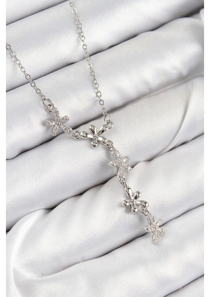 Bfs 316L Çelik Zirkon Taşlı Çiçek Model Gümüş Renk Kadın Kolye