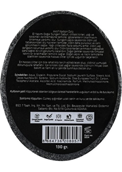 Aktif Karbon Özlü Doğal Süngerli Sabun Tüm Ciltler İçin Bitki Bazlı 1 Adet