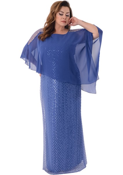 Büyük Beden Indigo Renkli Asimetrik Kesim Pul Payetli Uzun Abiye Elbise