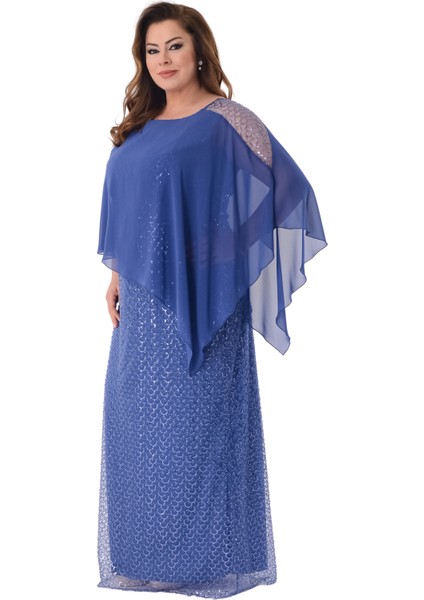 Büyük Beden Indigo Renkli Asimetrik Kesim Pul Payetli Uzun Abiye Elbise modelleri
