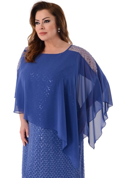 Büyük Beden Indigo Renkli Asimetrik Kesim Pul Payetli Uzun Abiye Elbise fırsatları