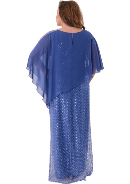 Büyük Beden Indigo Renkli Asimetrik Kesim Pul Payetli Uzun Abiye Elbise indirimleri