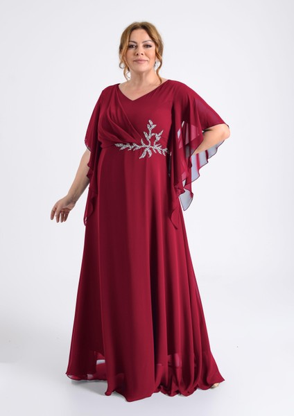 Büyük Beden Bordo Renkli Yırtmaçlı Uzun Şifon Abiye Elbise