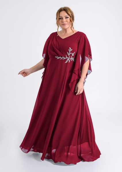 Büyük Beden Bordo Renkli Yırtmaçlı Uzun Şifon Abiye Elbise modelleri