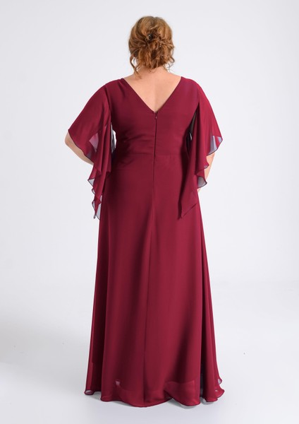 Büyük Beden Bordo Renkli Yırtmaçlı Uzun Şifon Abiye Elbise indirimleri
