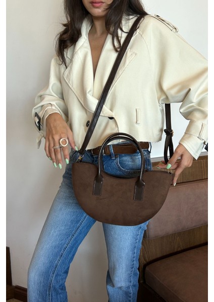 Lune Süet Omuz Çantası Acı Kahve