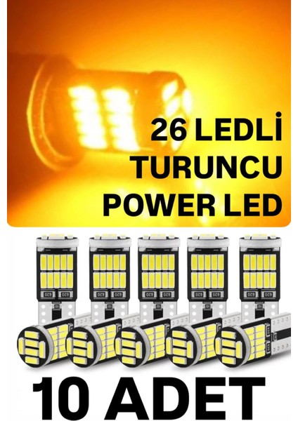 T10 LED 26 Ledli 10 Adet W5W Metal Ultra Power Turuncu Park Plaka Tavan Ampulü