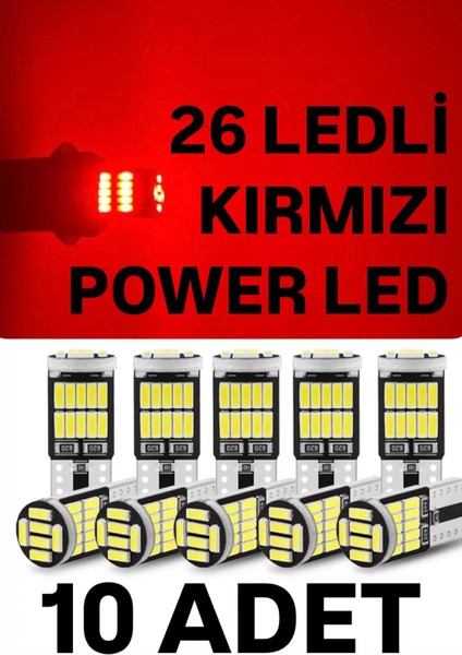 T10 LED 26 Ledli 10 Adet W5W Metal Ultra Power Kırmızı Park Plaka Tavan Ampulü