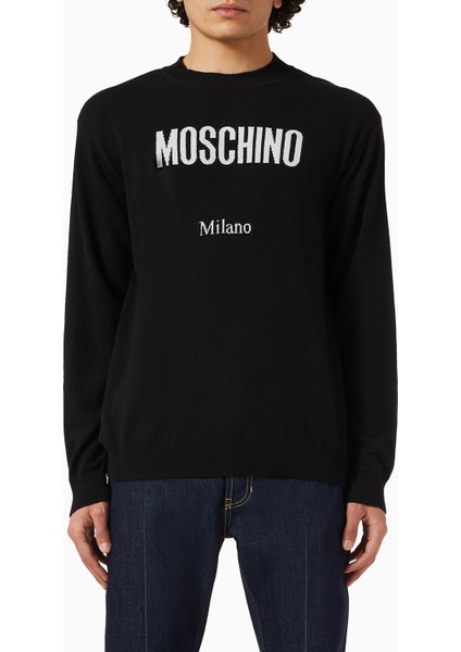 Yün Karışımlı Logo Kazak, Siyah, Ön Logo Detaylı, Ribanalı Manşet ve Etek Ucu