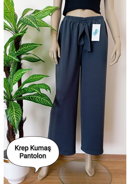 Kadın Antrasit Dökümlü Krep Kumaş Beli Lastikli Bol Paça Pantolon