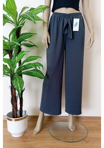 Kadın Antrasit Dökümlü Krep Kumaş Beli Lastikli Bol Paça Pantolon