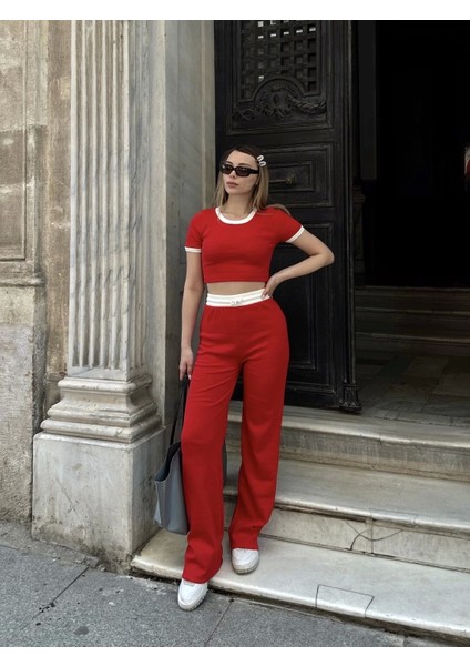 Crop Pantolon Biyeli Takım Kırmızı