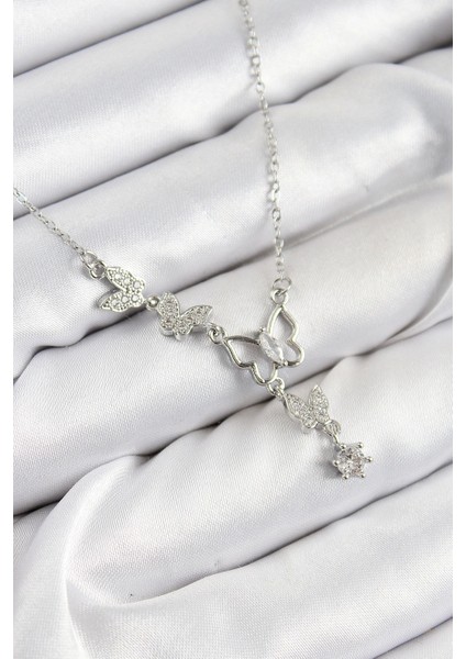 Bfs 316L Çelik Zirkon Taşlı Kelebek Model Gümüş Renk Kadın Kolye