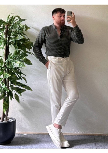 Haki Beyaz Çizgili Modal Kumaş Gömlek Üst Kalite Kumaş Kombinlenebilir Kadın Unısex