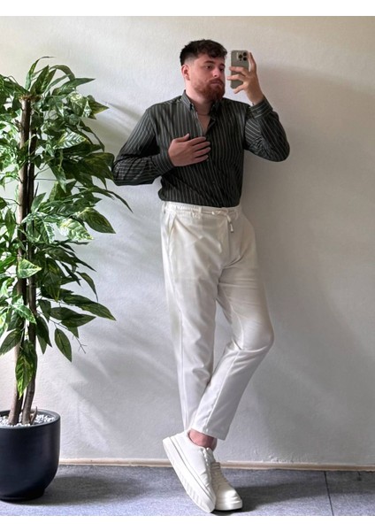 Haki Beyaz Çizgili Modal Kumaş Gömlek Üst Kalite Kumaş Kombinlenebilir Kadın Unısex fiyatları