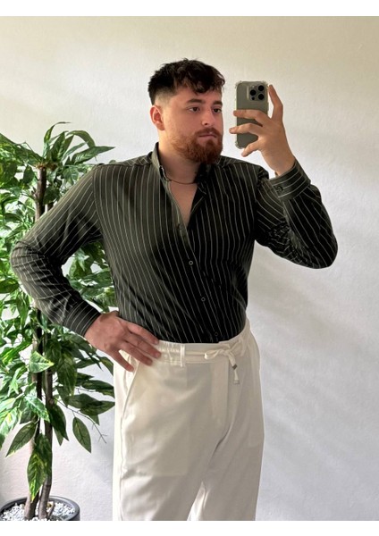 Haki Beyaz Çizgili Modal Kumaş Gömlek Üst Kalite Kumaş Kombinlenebilir Kadın Unısex modelleri