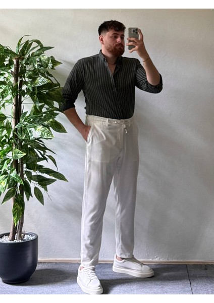 Haki Beyaz Çizgili Modal Kumaş Gömlek Üst Kalite Kumaş Kombinlenebilir Kadın Unısex fırsatları