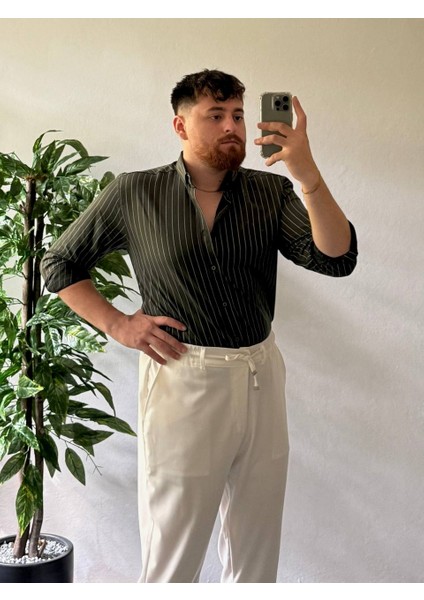 Haki Beyaz Çizgili Modal Kumaş Gömlek Üst Kalite Kumaş Kombinlenebilir Kadın Unısex indirimleri