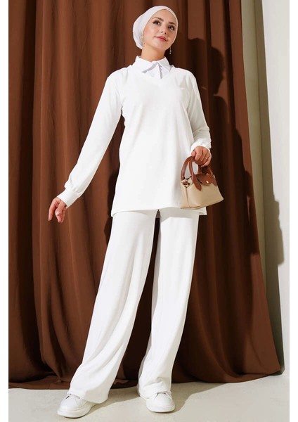 Gömlek Yaka Fitilli Salaş Ikili Takım Beyaz T4300