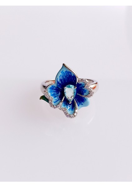 18 Ayar Altın Kaplama Mavi Lotus Çiçek Tasarım Kakma Emaye Boyama Kadın Gümüş Yüzük fiyatları