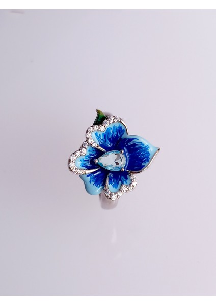 18 Ayar Altın Kaplama Mavi Lotus Çiçek Tasarım Kakma Emaye Boyama Kadın Gümüş Yüzük modelleri