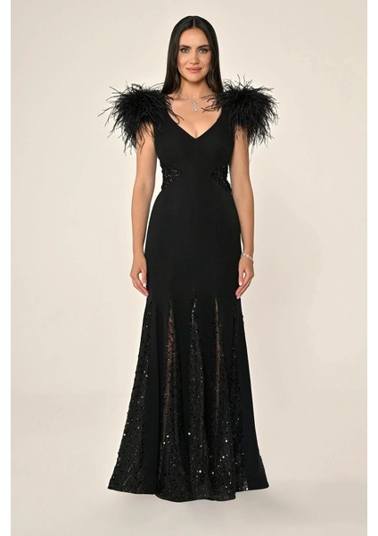 Kadın Abiye Omuzları Otrişli Sırt ve Etegi Payet Detaylı Uzun Elbise