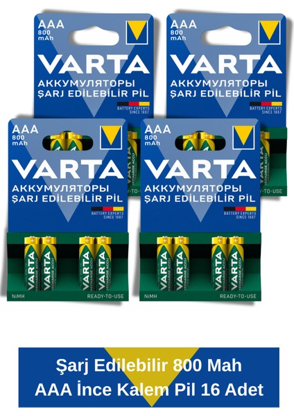 Power Şarj Edilebilir Ince Kalem Pil 800MAH Aaa 16 Adet