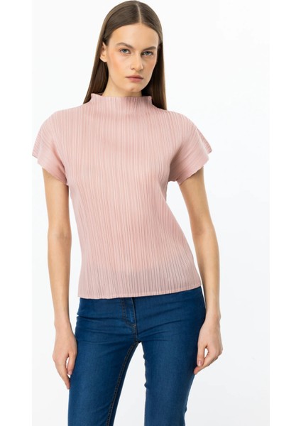 Kadın Akordiyon Kumaş Dik Yaka Bluz 3908 Pudra