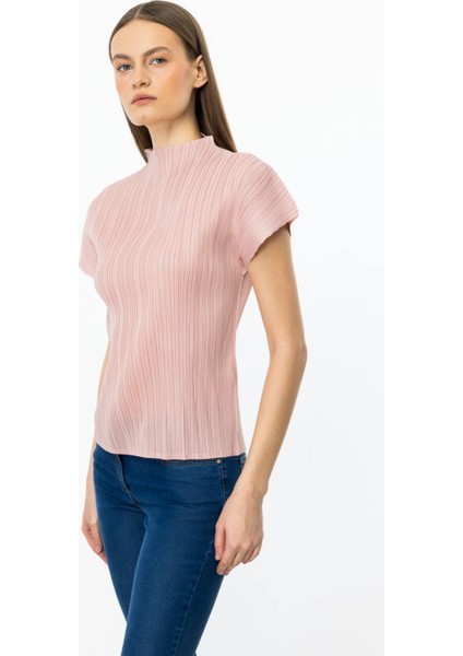 Kadın Akordiyon Kumaş Dik Yaka Bluz 3908 Pudra fiyatları