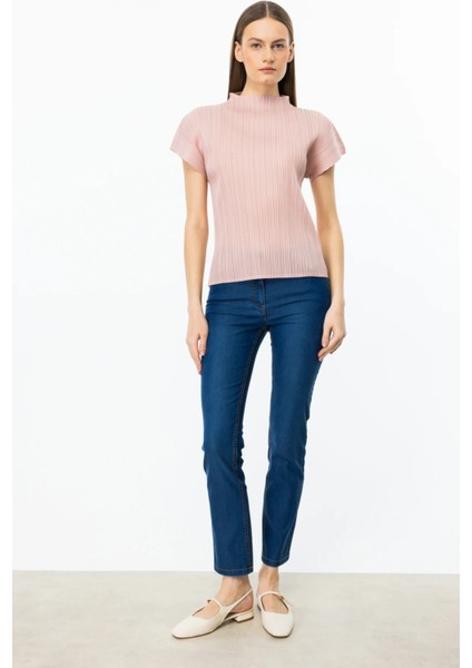 Kadın Akordiyon Kumaş Dik Yaka Bluz 3908 Pudra modelleri