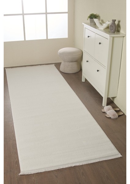 Modern Tasarımlı Salon Mutfak Koridor Halısı Düz Saçaklı Krem Renkli